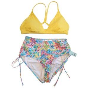 Stella Parker 2PC Bikini Swimsuit Triangle Top Floral High Waist Womens Medium